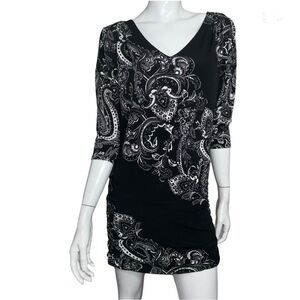 White House Black Market Paisley V-Neck Black Grey White Mini Dress
